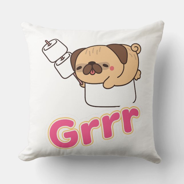 Schattige Kawaii Pug Hond met Marshmallows Grrr Kussen (Voorkant)
