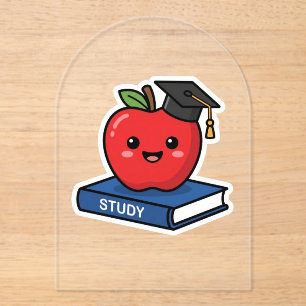 Schattige Kawaii Rode Appel met Afstudeerhoed Slim Acryl Uitnodigingen