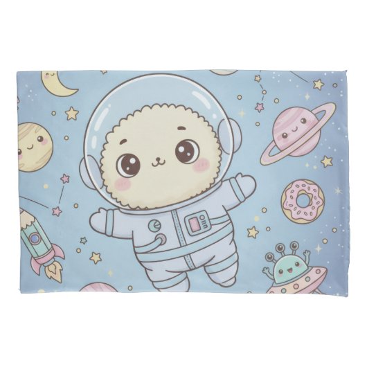 Schattige Kawaii Ruimte - Astronaut en Glimlachend Kussensloop (Voorkant)