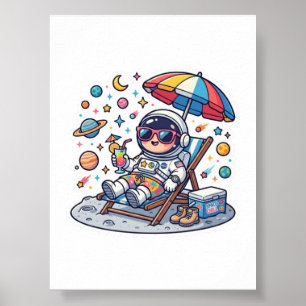 Schattige Kawaii Ruimtevaarder Zomer Strand Ruimte Poster