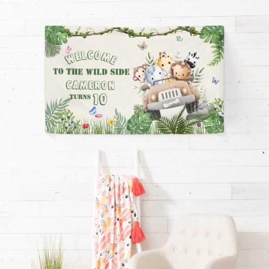 Schattige Kawaii Safari Wild Oerwoud Animals Verja Spandoek (Insitu)