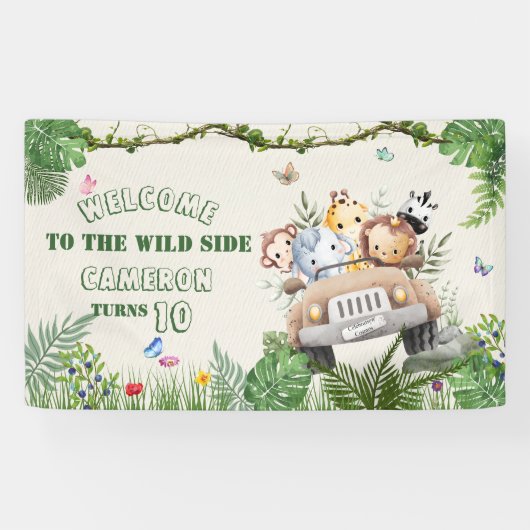 Schattige Kawaii Safari Wild Oerwoud Animals Verja Spandoek (Horizontaal)