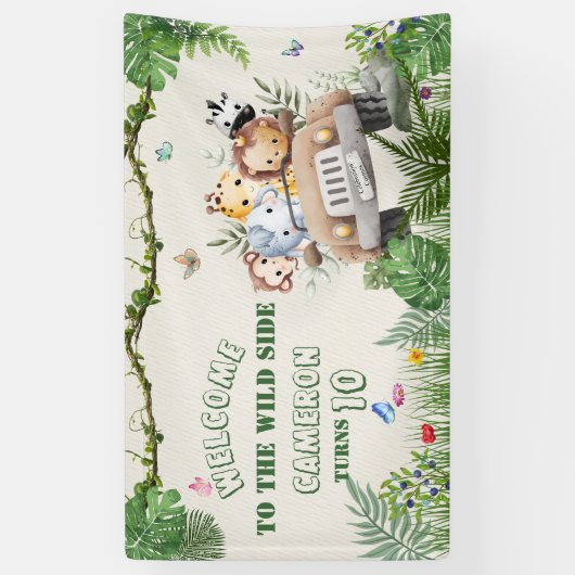 Schattige Kawaii Safari Wild Oerwoud Animals Verja Spandoek (Verticaal)