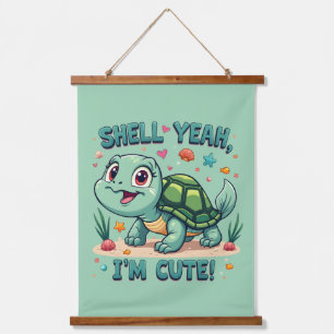Schattige Kawaii Schildpad met Grappige Woordspeli Hangend Wandkleed
