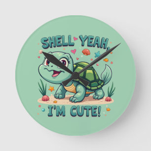 Schattige Kawaii Schildpad met Grappige Woordspeli Ronde Klok