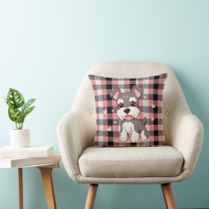 Schattige Kawaii Schnauzer Hond Roze Buffalo Plaid Kussen