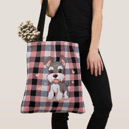 Schattige Kawaii Schnauzer Hond Roze Buffalo Plaid Tote Bag