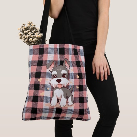 Schattige Kawaii Schnauzer Hond Roze Buffalo Plaid Tote Bag (Dichtbij)