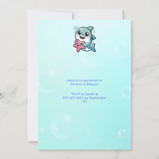 Schattige Kawaii Shark & Starfish Baby shower Kaart (Achterkant)
