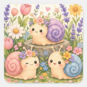 Schattige kawaii slakken met bloemen vierkante sticker