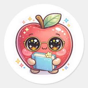 Schattige Kawaii Slimme Appel met Bril die Boek Va Ronde Sticker
