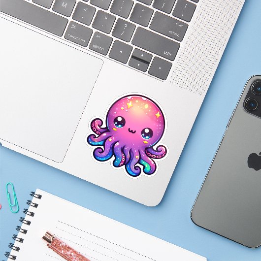 Schattige Kawaii Space Octopus met kosmische gloed Sticker (Laptop met iPhone)