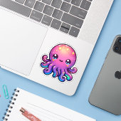 Schattige Kawaii Space Octopus met kosmische gloed Sticker (Laptop met iPhone)