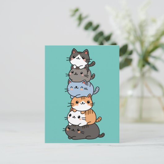 Schattige Kawaii Stack van Kitty Cats Briefkaart (Staand voorkant)