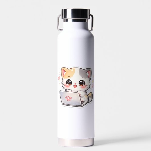 Schattige Kawaii Studiekat Waterfles | Chibi Kat S (Voorkant)