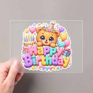 Schattige Kawaii Verjaardag Teddybeer Pastel Roze Acryl Uitnodigingen