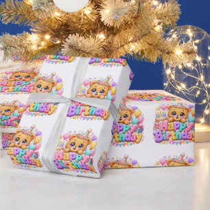 Schattige Kawaii Verjaardag Teddybeer Pastel Roze  Cadeaupapier