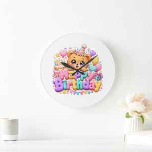 Schattige Kawaii Verjaardag Teddybeer Pastel Roze  Grote Klok