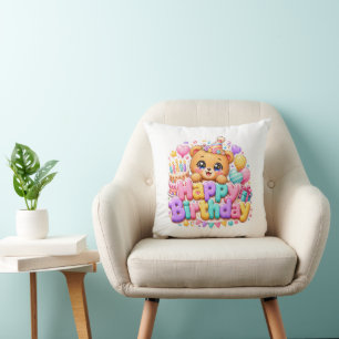 Schattige Kawaii Verjaardag Teddybeer Pastel Roze Kussen