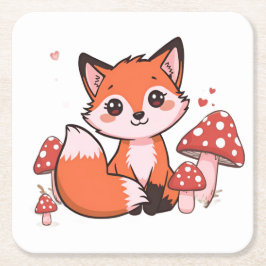 Schattige Kawaii Vos met Paddenstoelen Cartoon Kun Kartonnen Onderzetters