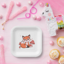 Schattige Kawaii Vos met Paddenstoelen Cartoon Kun Papieren Bordje