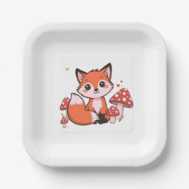 Schattige Kawaii Vos met Paddenstoelen Cartoon Kun Papieren Bordje