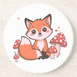 Schattige Kawaii Vos met Paddenstoelen Cartoon Kun Zandsteen Onderzetter