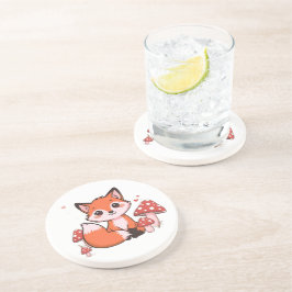 Schattige Kawaii Vos met Paddenstoelen Cartoon Kun Zandsteen Onderzetter