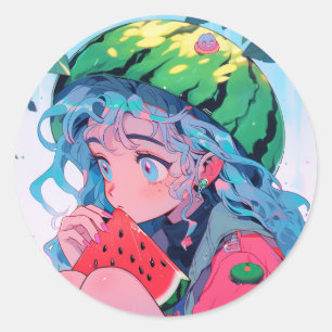 Schattige Kawaii Watermeloen Fruit Natuur Anime Me Ronde Sticker