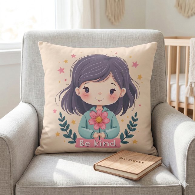 Schattige Kawaii "Wees Aardig" Illustratie Kussen (Cute Kawaii Be Kind Illustration Throw Pillow Mockup A)