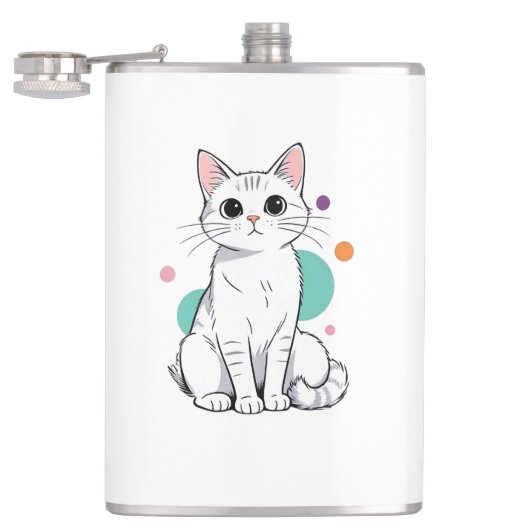 Schattige Kawaii Witte Kat Cartoon Heupfles (Geopend)