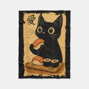 Schattige Kawaii Zwarte Kat Eet Sushi Grappige Jap Fleece Deken