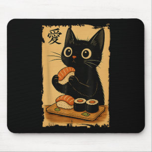 Schattige Kawaii Zwarte Kat Eet Sushi Grappige Jap Muismat