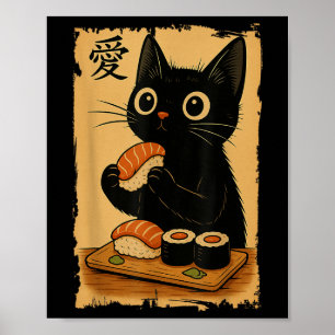 Schattige Kawaii Zwarte Kat Eet Sushi Grappige Jap Poster