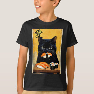 Schattige Kawaii Zwarte Kat Eet Sushi Grappige Jap T-shirt