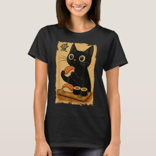 Schattige Kawaii Zwarte Kat Eet Sushi Grappige Jap T-shirt