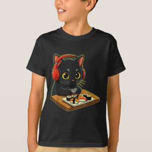 Schattige Kawaii Zwarte Kat Grappige Sushi Retro J T-shirt