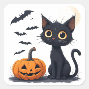 Schattige Kawaii Zwarte Kat Halloween Pret 🎃 Vierkante Sticker