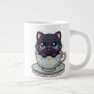 Schattige Kawaii Zwarte Kat in Antieke Bloemige Th Grote Koffiekop