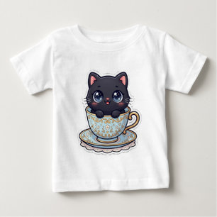 Schattige Kawaii Zwarte Kat in een Antieke Bloemig