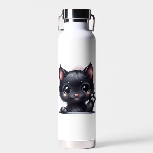 Schattige Kawaii Zwarte Kat Waterfles (Voorkant)