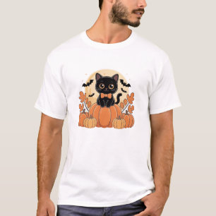 Schattige Kawaii Zwarte Kat Zitgend op Pompoen Str T-shirt