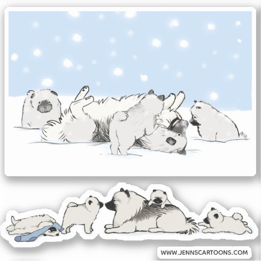 Schattige Keeshond Dogs Keesies Spelen Vinyl Stick Sticker (Voorkant)
