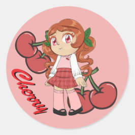 Schattige Kersenthema Chibi met Kersenachtergrond Ronde Sticker