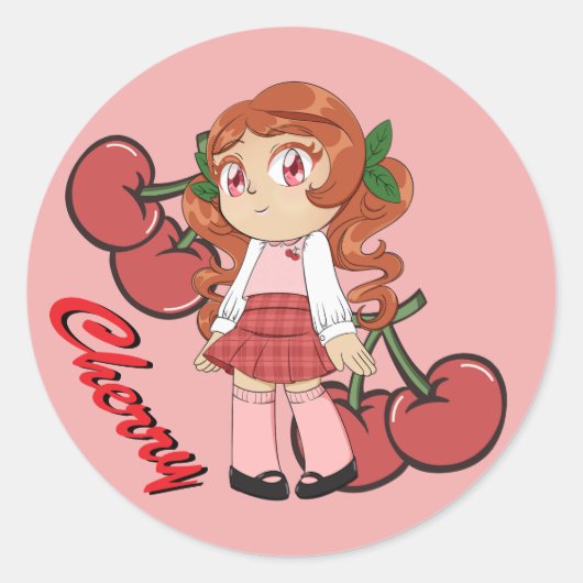 Schattige Kersenthema Chibi met Kersenachtergrond Ronde Sticker (Voorkant)