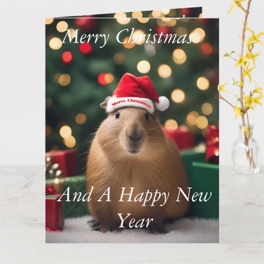 Schattige Kerst Capybara, Grote Kerst Kaart (Gele Bloem)