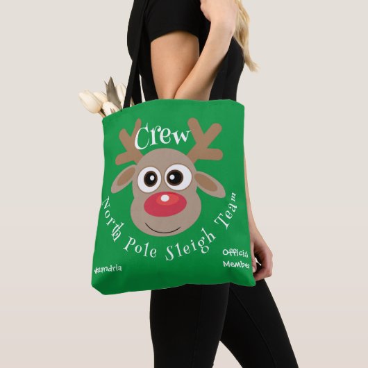 Schattige Kerst Cartoon Rendier Groene Sleigh Team Tote Bag (Dichtbij)