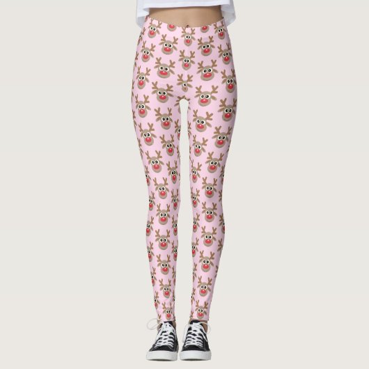 Schattige Kerst Cartoon Rendier Patroon Girly Pink Leggings (Voorkant)