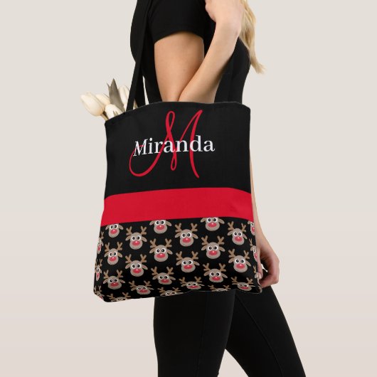 Schattige Kerst Cartoon Rendier Patroon Monogram Tote Bag (Dichtbij)