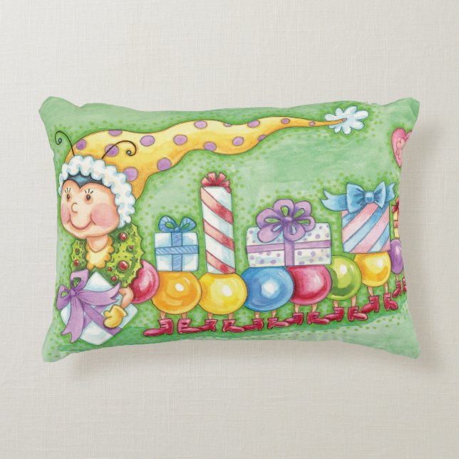 Schattige Kerst Caterpillar Trein met Cadeaus Accent Kussen (Voorkant)